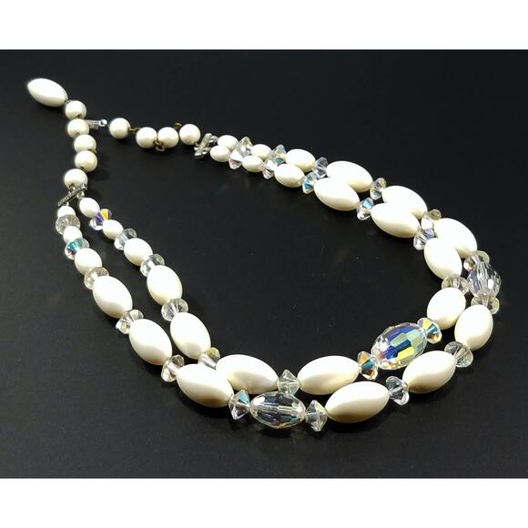 Vintage Austrian Crystal Necklace Double Strand Lucite Beads 1950s Wedding - Picture 9 of 10